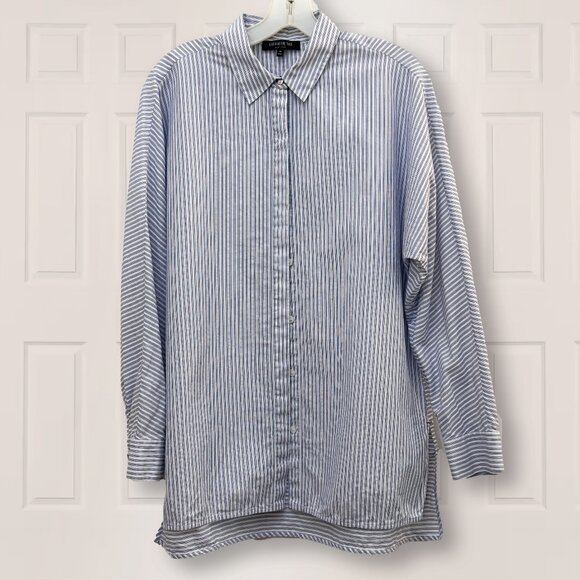 Lafayette 148 Women's Shirt Blue/white Stripes Long Sleeves M - Picture 1 of 4